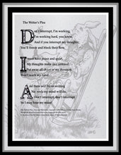 Load image into Gallery viewer, black and white peaceangelsongs poetry art print with rabbit writer in background and poem