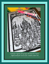 Load image into Gallery viewer, picture #2 in the coloring page set features a room filled with Christmas trees beautiful decorated with many deocrations for the artist to color who loves detail. filled with lots of candy canes, gingerbread people, bells, snowflakes, and more!