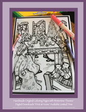 Load image into Gallery viewer, coloring picture of ladies with their fancy hats gathered for a tea party and have brought their teddy bears with them.