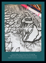 Load image into Gallery viewer, Virgin Mary & Baby Jesus in snowy forest with birds coloring page