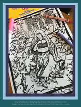 Load image into Gallery viewer, Second version of a coloring page featuring the Virgin Mary and Baby Jesus a Forest Clearing with Baby Birds and many Large Snowflakes this time falling all around them.