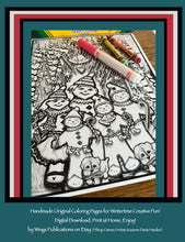 Load image into Gallery viewer, coloring picture with gingerbead family and gingerbread house with a roof covered in candy canes.