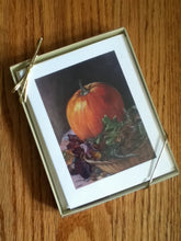 Load image into Gallery viewer, Gold Box of Fine Art All Occasion Greeting Card Set with golden bands. First card pictured is beautiful harvest pumpkin still life