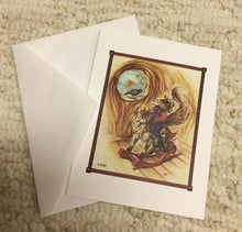 Load image into Gallery viewer, The Willy Squirrel Card talking to the little black crow in the window nested with a matching white envelope.