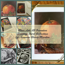 Load image into Gallery viewer, Fine Art Greeting Card Collection A collage of the assorted five unique fine art cards that compose the collection. the pumpkin card, the dancing squirrels, little baby Willy Squirrel on the rocking horse talking to the bird, Mama squirrel serving hot cocoa, and the angel writing in the book of life.