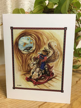 Load image into Gallery viewer, Baby squirrel dresses like a cowboy on a rocking horse talking to a little crow in his tree house hole window