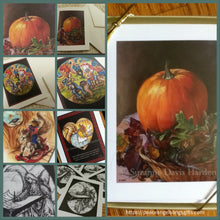 Load image into Gallery viewer, Fine Art Greeting Card Collection A collage of the assorted five unique fine art cards that compose the collection. the pumpkin card, the dancing squirrels, little baby Willy Squirrel on the rocking horse talking to the bird, Mama squirrel serving hot cocoa, and the angel writing in the book of life.