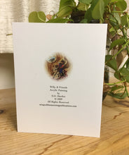 Load image into Gallery viewer, The back of the card shows an oval vignette of the cover illustration of the little squirrel on the rocking horse talking to the crow. It shows also the Copyright Information.