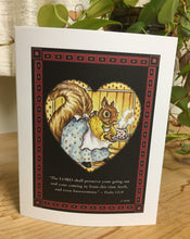 Load image into Gallery viewer, Mama Squirrel serves a steaming cup of hot cocoa in a bright heart mug. Psalm 121:8 is featured at the bottom of the card.
