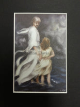 Load image into Gallery viewer, Jesus and little child walking on the water together in a bad storm. A matted print illustrated by artist Suzanne Davis Harden. The color of the small 5 inch by 7 inch matt is black.