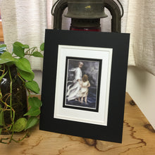 Load image into Gallery viewer, Jesus and little child walking on the water together in a bad storm. A matted print illustrated by artist Suzanne Davis Harden.