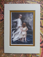 Load image into Gallery viewer, Jesus and little child walking on the water together in a bad storm. A double matted print illustrated by artist Suzanne Davis Harden. The colors of the small 5 inch by 7 inch double matt are white with a gold interior frame.