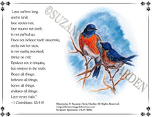 Load image into Gallery viewer, Encouraging Card: "Bluebirds" with Scripture on Back~ Illustrated by Suzanne Davis Harden