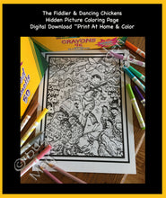 Load image into Gallery viewer, The Fiddler &amp; Dancing Chickens Hidden Picture Coloring Page Fun Digital download~print at home and color! Handmade Art by Artist Suzanne Davis Harden through the Risen Lord Jesus Christ, Inspired by the Holy Spirit, to the glory of God the Father, In Jesus name, amen.
