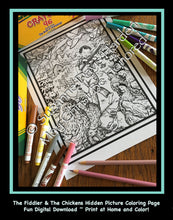 Load image into Gallery viewer, The Fiddler &amp; Dancing Chickens Hidden Picture Coloring Page Fun Digital download~print at home and color! Handmade Art by Artist Suzanne Davis Harden through the Risen Lord Jesus Christ, Inspired by the Holy Spirit, to the glory of God the Father, In Jesus name, amen.
