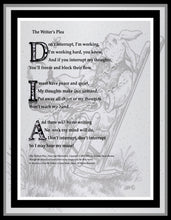 Load image into Gallery viewer, black and white peaceangelsongs poetry art print with rabbit writer in background and poem
