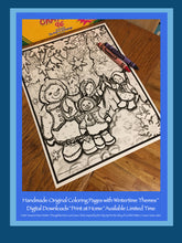 Load image into Gallery viewer, coloring page features a happy snow family with large snowflakes falling about them in the forest
