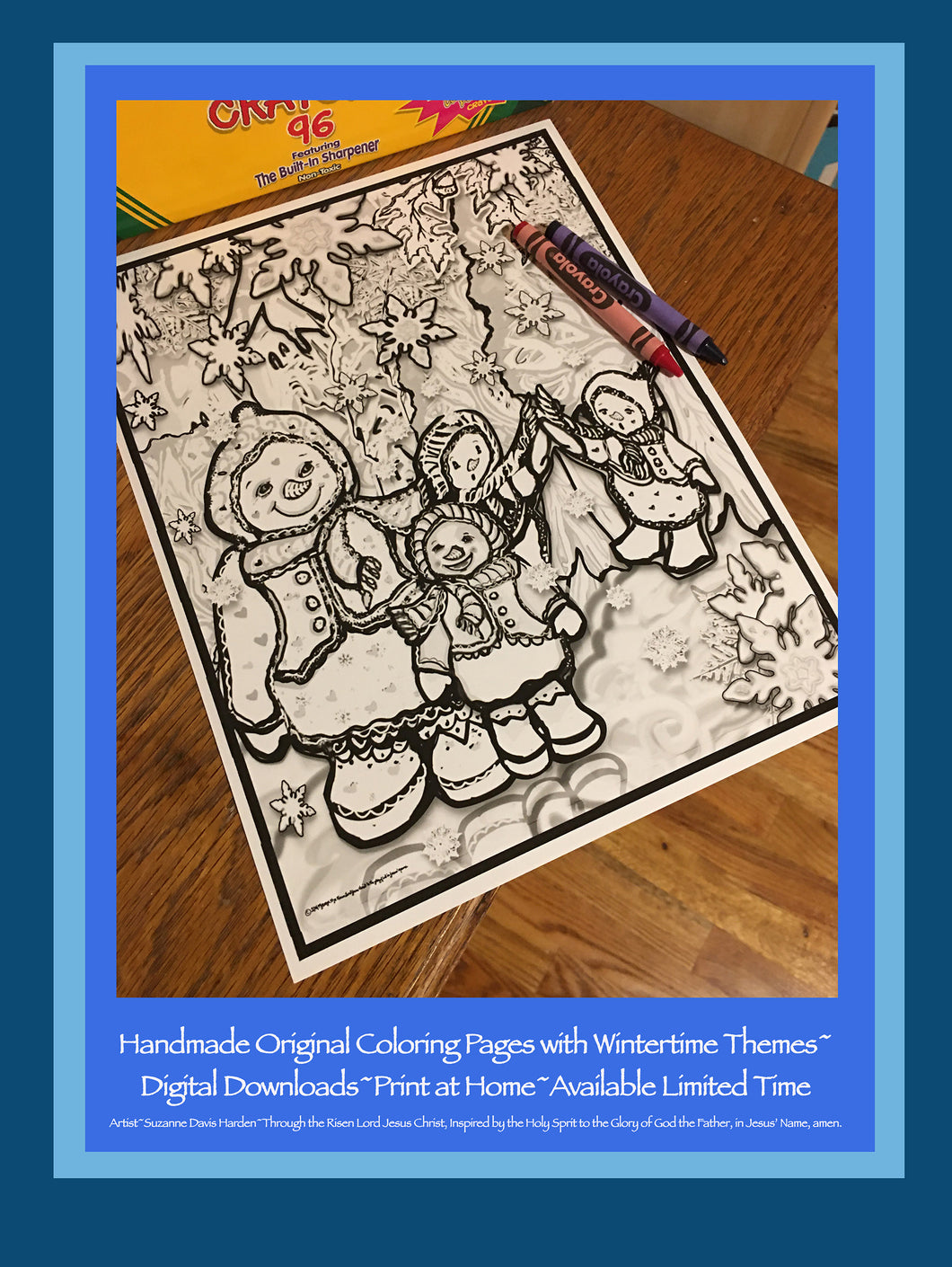coloring page features a happy snow family with large snowflakes falling about them in the forest