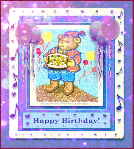 Happy Birthday Digital Download card features a cute bear with a cake and six candles and lots of colorful balloons. Musical notes and Happy Birthday printed at the bottom. For sharing via text or email. Attach as you would a photo. No watermarks will be on downloaded image file. 