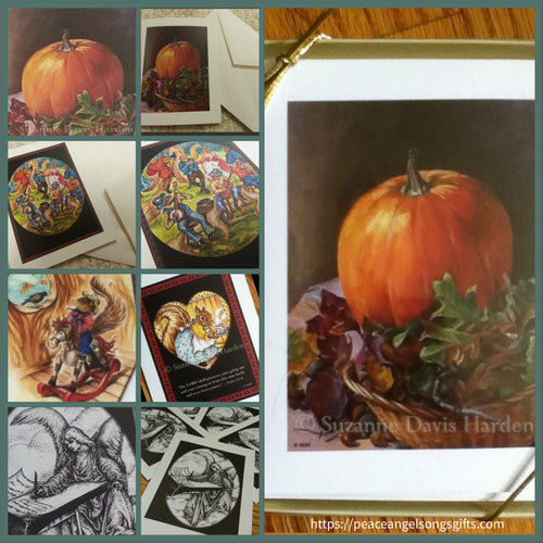 Fine Art Greeting Card Collection A collage of the assorted five unique fine art cards that compose the collection. the pumpkin card, the dancing squirrels, little baby Willy Squirrel on the rocking horse talking to the bird, Mama squirrel serving hot cocoa, and the angel writing in the book of life.
