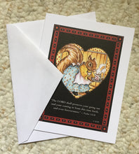 Load image into Gallery viewer, Smiling Mama squirrel dressed in pretty blue skirt and white apron serves up steaming cup of hot cocoa in a white mug decorated with red hearts. Psalm 121:8 printed at the bottom( KJV )A bright red border frames the card. Mama squirrel is surrounded by a bright yellow heart frame.
