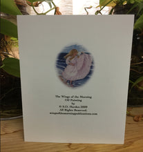 Load image into Gallery viewer, The back of the greeting card is show~this is the back of wings of the morning with copyright information.
