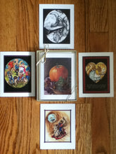Load image into Gallery viewer, A photo showing all five cards in the collection. The Angel card at the top, the squirrels dancing at the left, The pumpkin in the center, the Mama squirrel on the right and Willy squirrel talking to the crow at the bottom.
