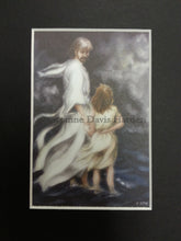 Load image into Gallery viewer, Jesus and little child walking on the water together in a bad storm.  A  matted print illustrated by artist Suzanne Davis Harden. The color of the small 5 inch by 7 inch matt is black.
