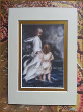 Load image into Gallery viewer, Jesus and little child walking on the water together in a bad storm.  A  double matted print illustrated by artist Suzanne Davis Harden. The colors of the small 5 inch by 7 inch double matt are white with a gold interior frame.
