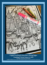 Load image into Gallery viewer, A coloring page featuring a clearing with a deer family in a peaceful forest and a tiny cabin with many snowflakes falling all around.
