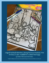 Load image into Gallery viewer, coloring page features a happy snow family in the forest among a host of friendly birds in the snow.
