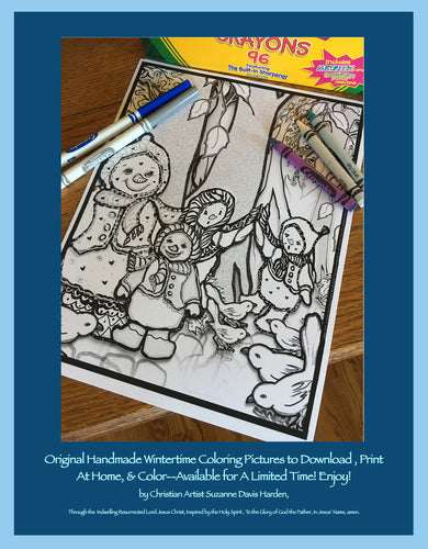 coloring page features a happy snow family in the forest among a host of friendly birds in the snow.
