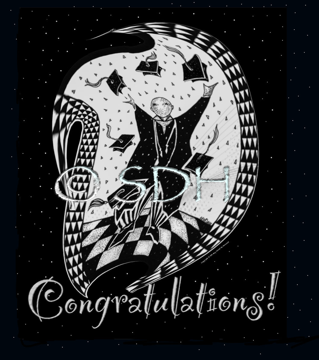 Digital Download-Congratulations Black & White Whimsical Graduation Card~Illustrated by Suzanne Davis Harden