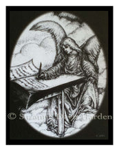 Load image into Gallery viewer, The angel writing in the Book of life. black and white pen and ink drawing, fine art card.
